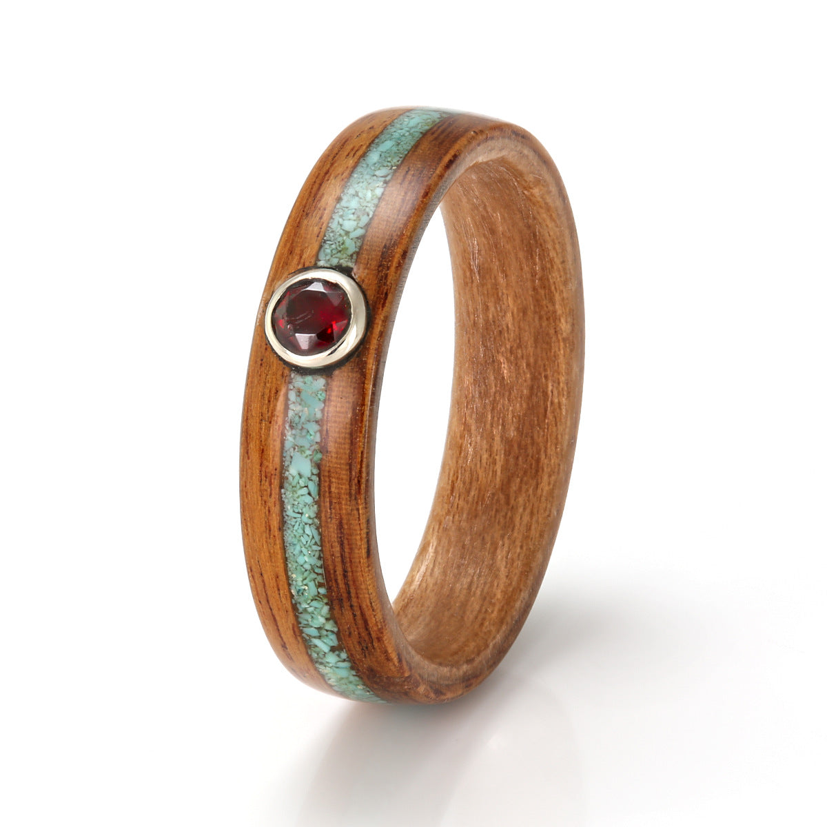 Rosewood Ring 4.5mm with Cherry Turquoise Red Garnet