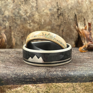 custom wooden and metal ring designs with mountain siloutte 