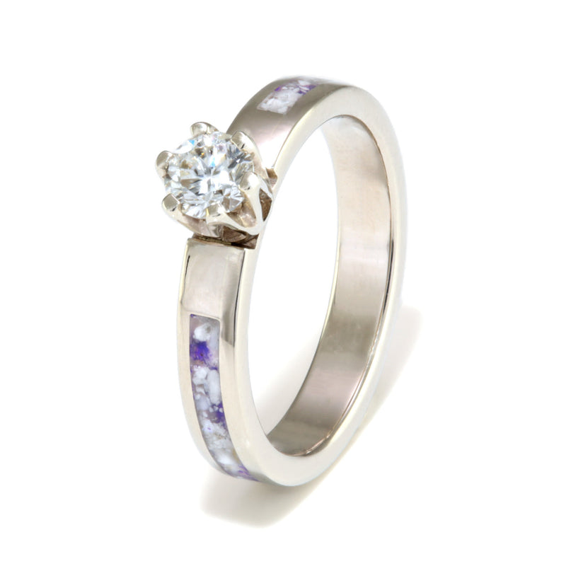 White gold engagement ring, 3mm wide, with an inlay of shell, howlite & amethyst meeting at a 4mm diamond in basket setting