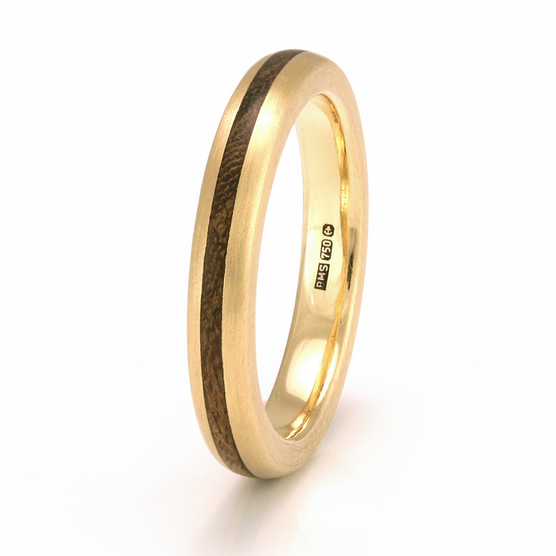 18ct yellow gold rounded edge ring, 3mm wide, with a centred inlay of laburnum wood - by Eco Wood Rings