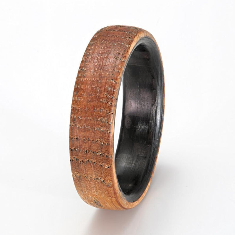 Carbon fibre wedding ring with full width inlay of reclaimed whisky barrel oak | Size M 1/2 | by Eco Wood Rings UK