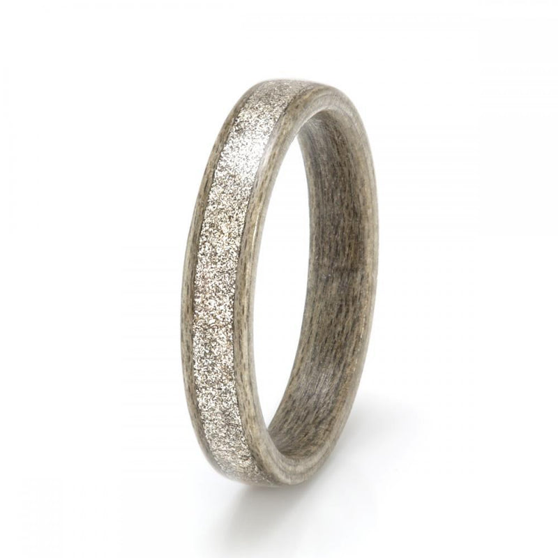 Ethical wedding ring | 3mm wide greyed maple ring with a 2mm wide centred inlay of white gold shavings | by Eco Wood Rings UK