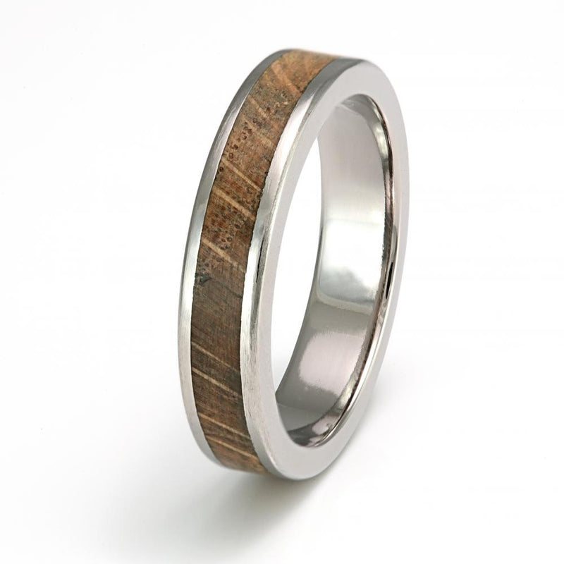 Titanium wedding ring | 5mm wide flat edge titanium ring with a centred 2.5mm wide inlay of oak wood | by Eco Wood Rings UK