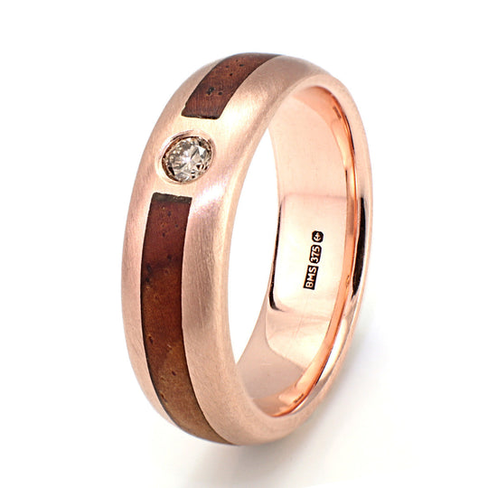 9ct Rose Gold Ring 5mm Rounded with Wood Inlay & Diamond