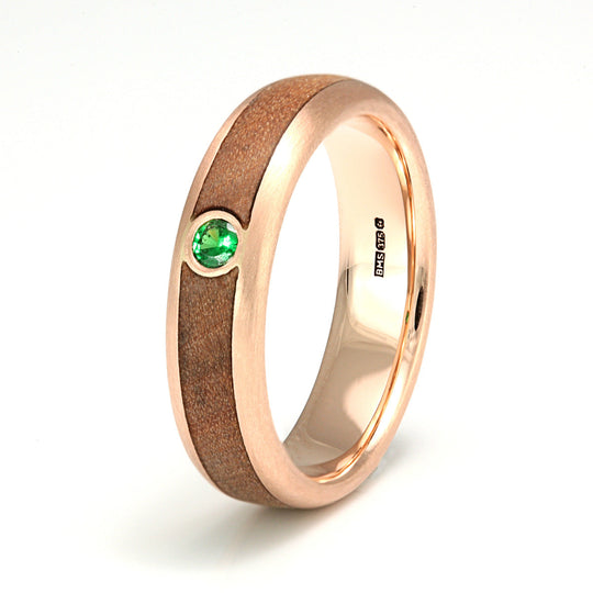 9ct Rose Gold Ring 5mm Rounded with Wood Inlay & Green Tsavorite Garnet