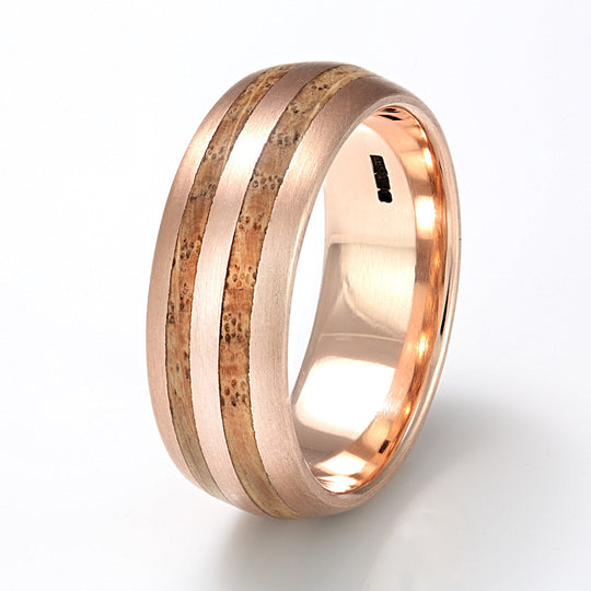 9ct Rose Gold Ring 8mm Rounded with Double Wood Inlay
