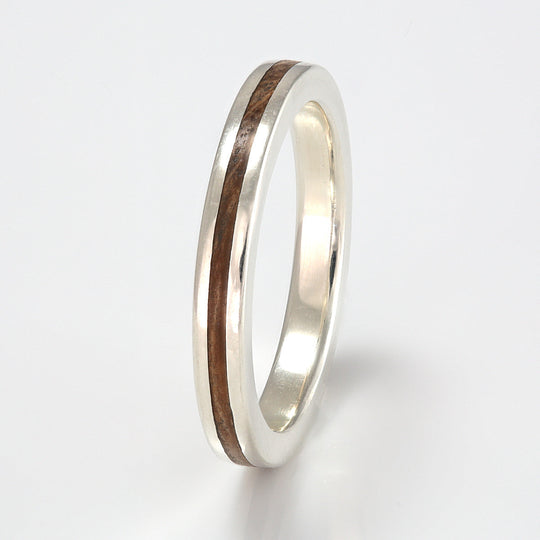9ct White Gold Ring 3mm Flat with Wood Inlay