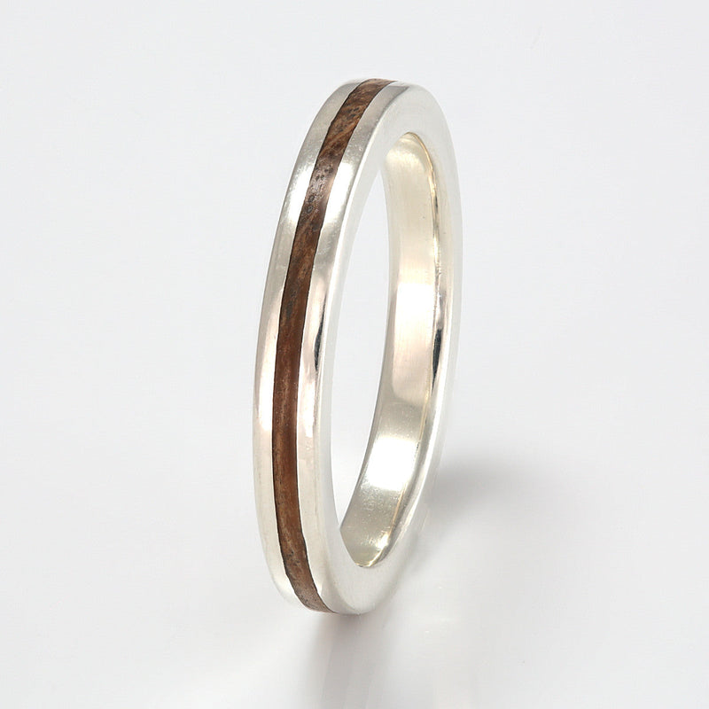 9ct white gold wedding ring with a centred inlay of wood | 3mm wide | flat edge | by Eco Wood Rings
