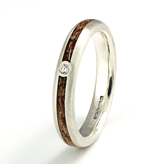 9ct White Gold Ring 3mm Rounded with Wood Inlay & Diamond