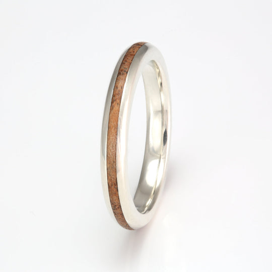 9ct White Gold Ring 3mm Rounded with Wood Inlay
