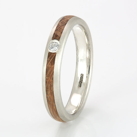 9ct White Gold Ring 4mm Rounded with Wood Inlay & Diamond