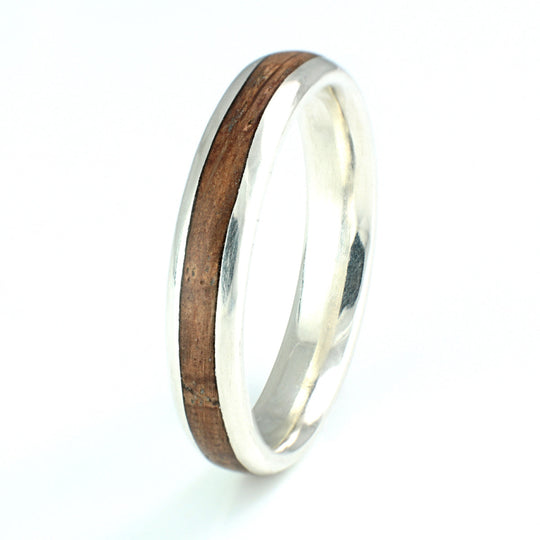 9ct White Gold Ring 4mm Rounded with Wood Inlay