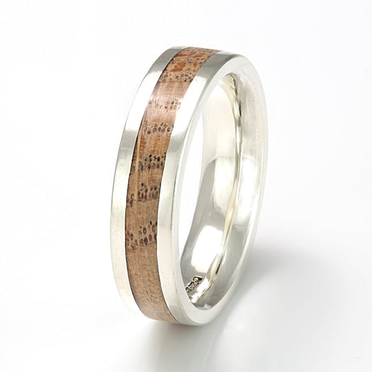9ct White Gold Ring 5mm Flat Court with Wood Inlay