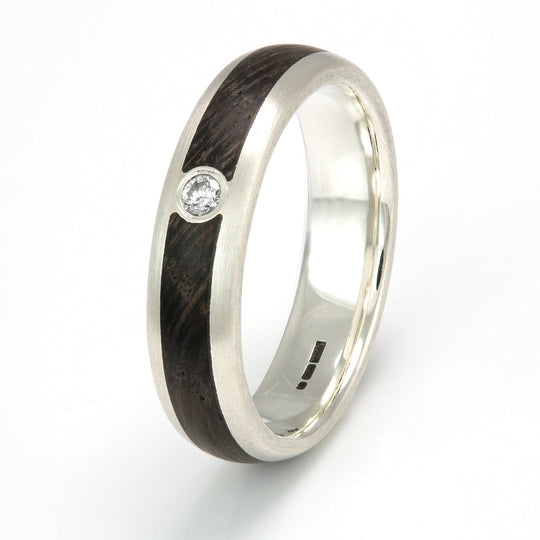 9ct White Gold Ring 5mm Rounded with Wood Inlay & Diamond