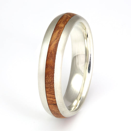 9ct White Gold Ring 5mm Rounded with Off-Centre Wood Inlay