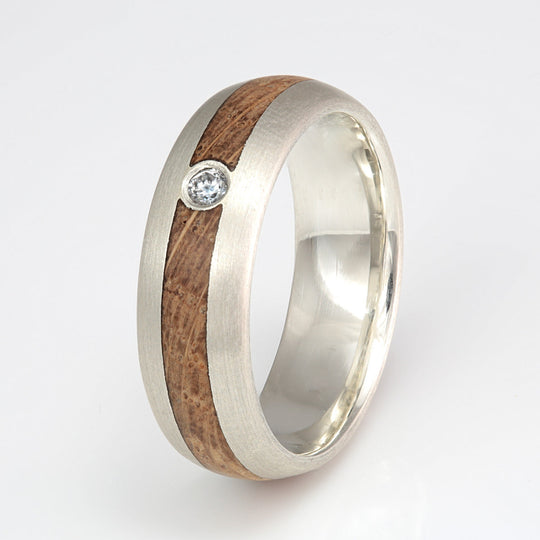 9ct White Gold Ring 6mm Rounded with Wood Inlay & Diamond