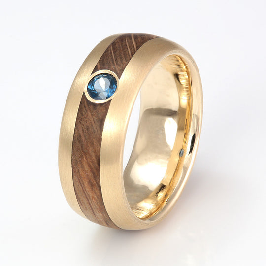 9ct Yellow Gold Ring 7mm Rounded with Wood Inlay & Sapphire