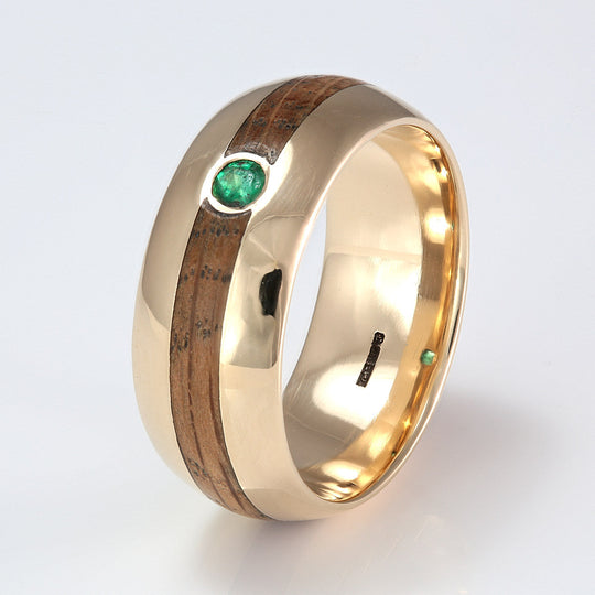 9ct Yellow Gold Ring 9mm Rounded with Wood Inlay & Emerald