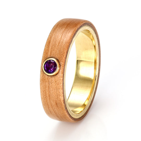 Apple Wood Ring 5mm with 18ct Yellow Gold & Amethyst