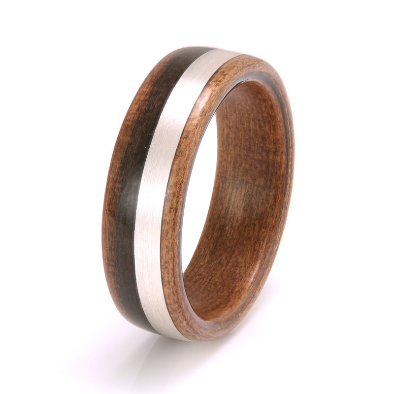 Australian wood ring | Blackheart Sassafras ring with off centre silver inlay | 6mm ring with 2mm inlay | by Eco Wood Rings