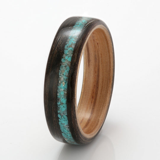 Bogwood Ring 5mm with Oak, Turquoise & Quartz