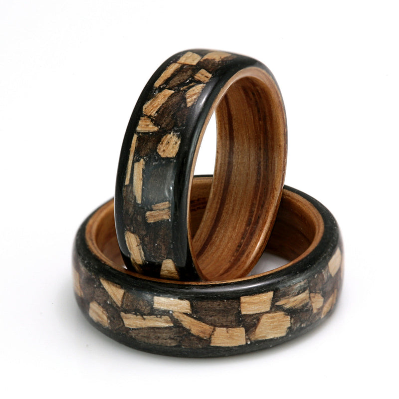 His and hers alternative wedding ring set | Matching bogwood rings with oak liners and inlays of customer supplied wood