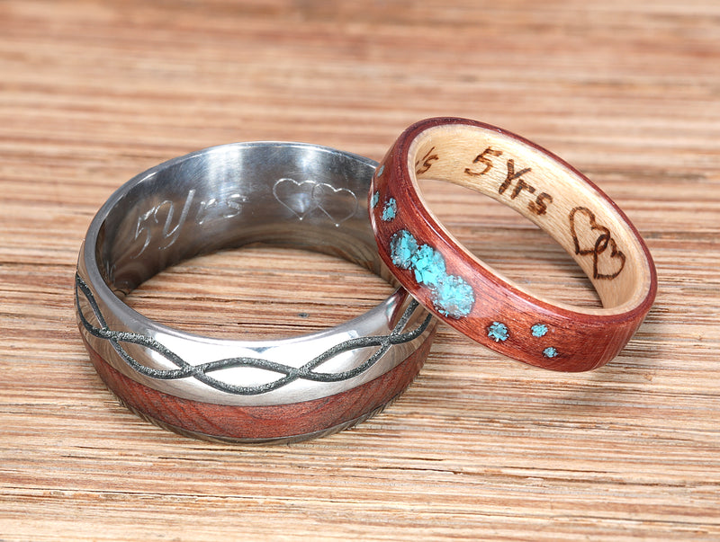 Ring engraving examples | Metal ring with milled and laser engraving | Wood ring with woodburned engraving | Inscriptions