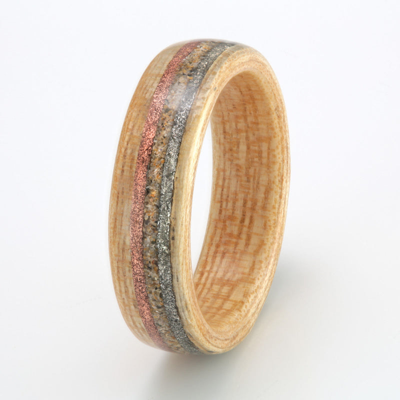 Cornish wedding ring | 6mm wide Cornish elm bentwood ring with off centre inlays of tin, sand & copper | by Eco Wood Rings UK