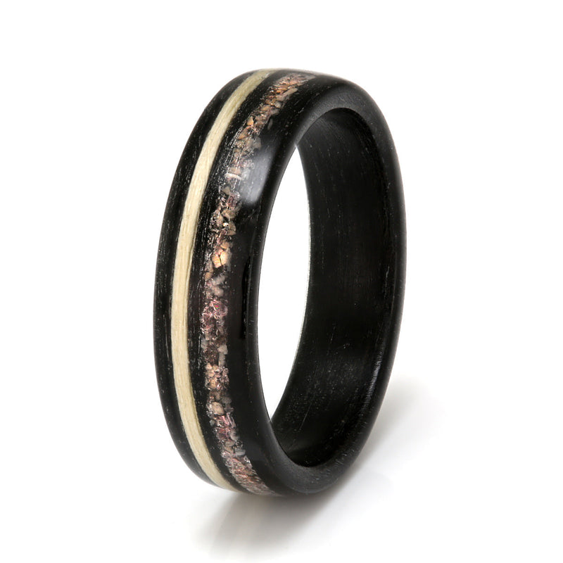 Custom moonstone ring | Ebony bentwood ring with inlays of elder and mixed garnet and moonstone | by Eco Wood Rings UK