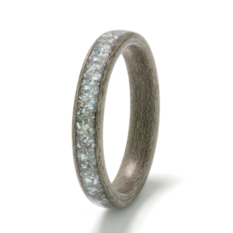 Non traditional engagement ring | Greyed maple wood ring with a centred inlay of white gold shavings and mother of pearl