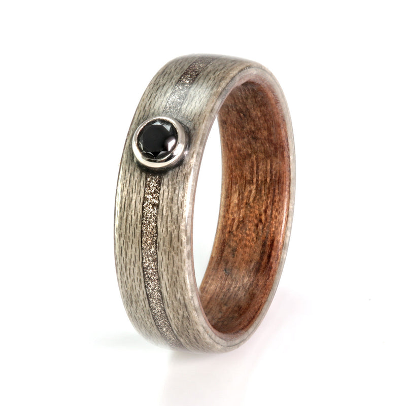 Non traditional engagement ring | Greyed maple wooden ring with a walnut liner, inlay of white gold and a black diamond