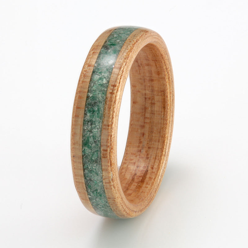 Unique wedding ring | 5mm wide hickory wood ring with a 2mm wide centred inlay of crushed jade | by Eco Wood Rings UK