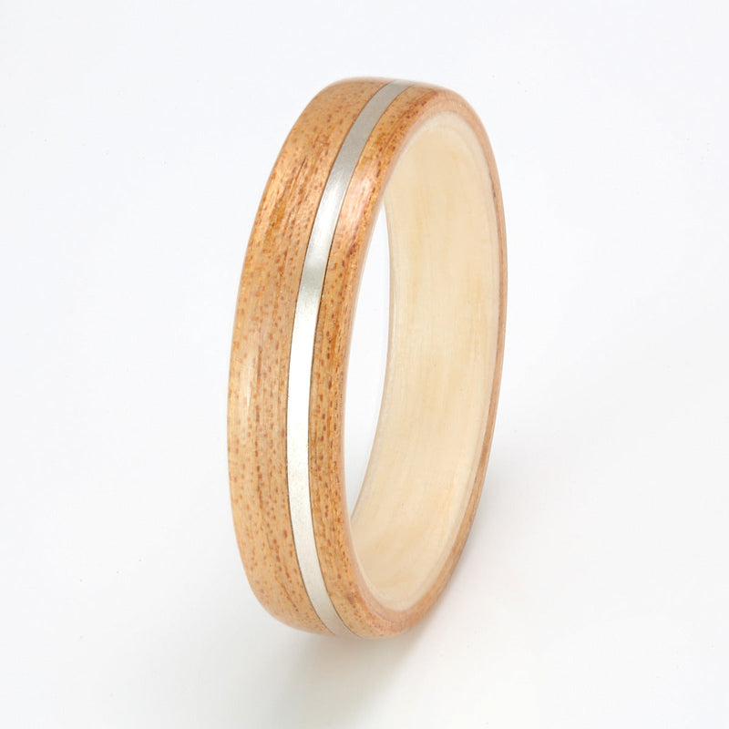 Unusual wedding ring for men | 5mm wide hickory wooden ring with a willow liner and 1mm wide off centred inlay of silver