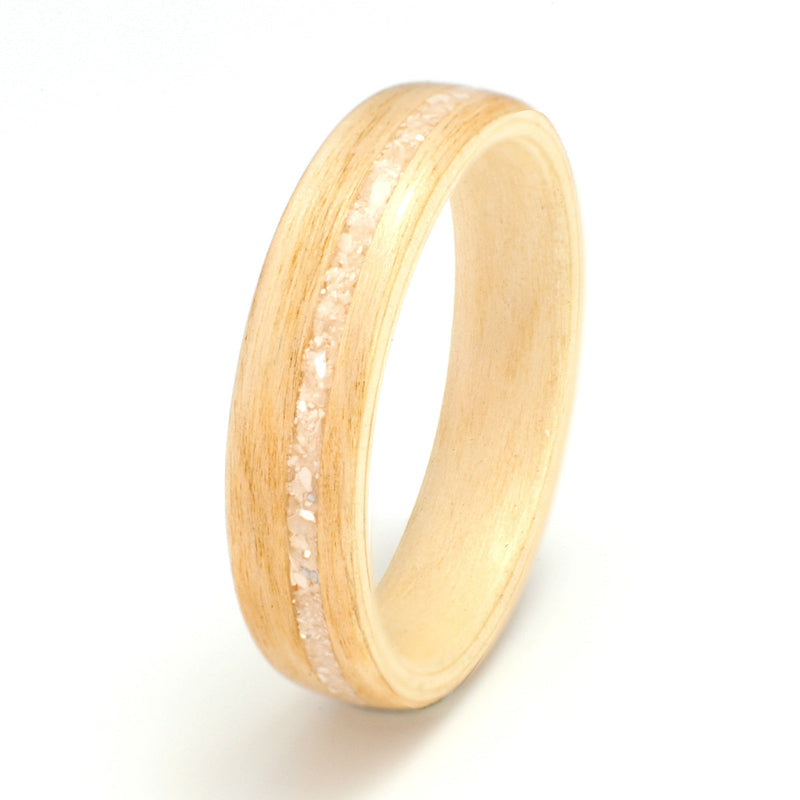 Personalised wedding ring | 5mm wide horse chestnut bentwood ring with off centre inlay of mixed shells and mother of pearl