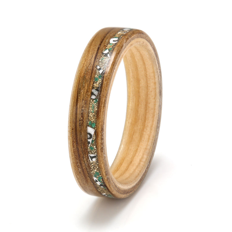 Oak with Douglas Fir, Gold Shavings, Malachite & Paper by Eco Wood Rings