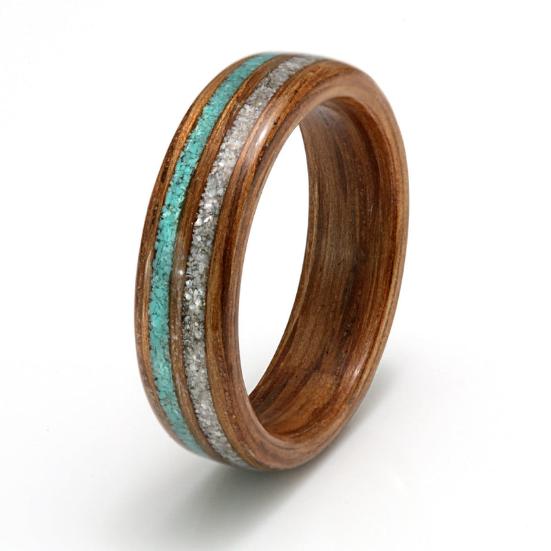 Oak Ring 5mm with Mother of Pearl, Diamond Dust & Turquoise by Eco Wood Rings