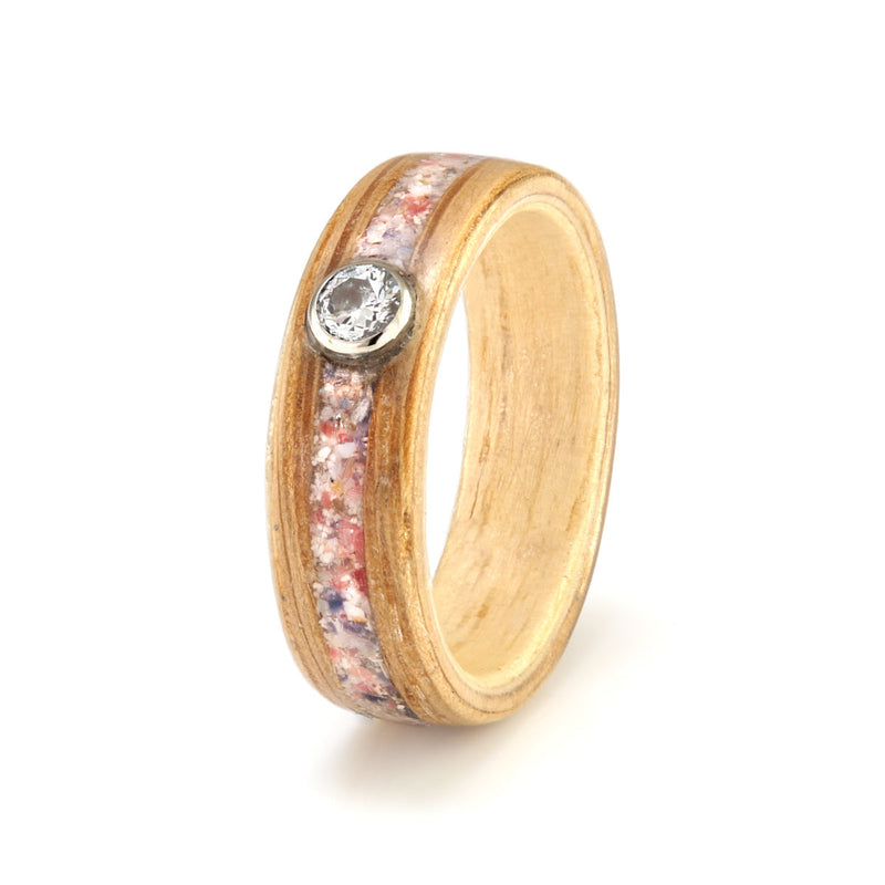 Oak with Ash, Sand, Shell, Sea Glass & Diamond by Eco Wood Rings
