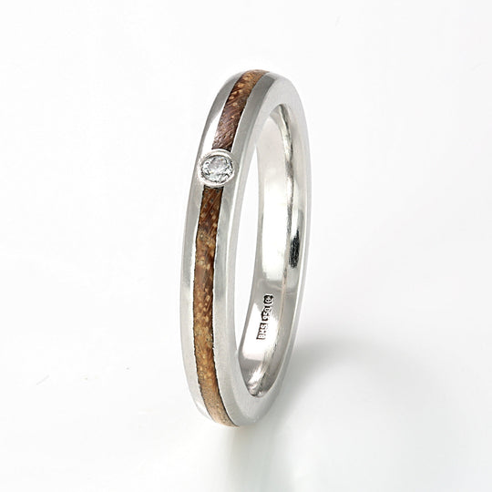 Platinum Ring 3mm Rounded with Wood Inlay & Diamond