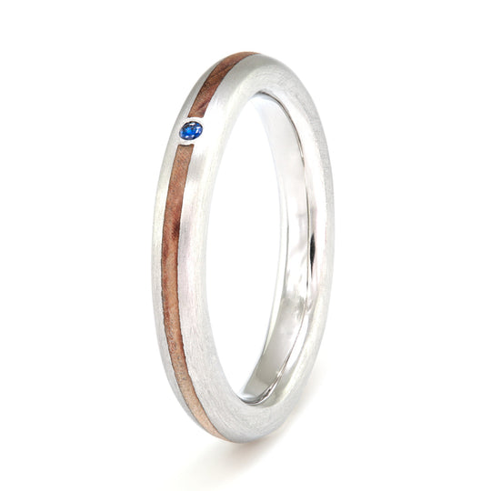 Platinum Ring 3mm Rounded with Wood Inlay & Sapphire