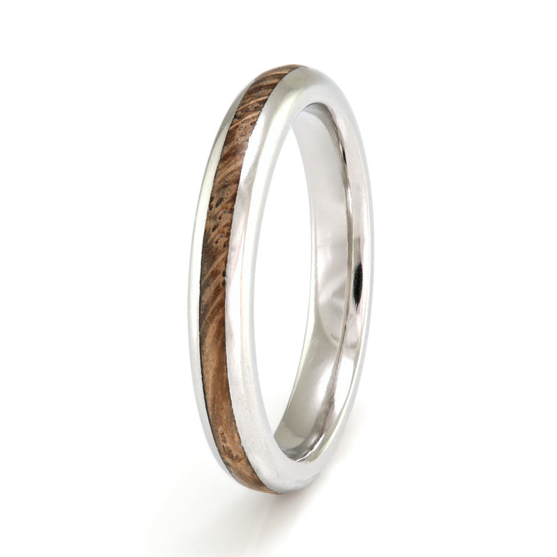 Platinum wedding ring | 3mm wide rounded edge platinum ring with a 1mm centred inlay of ash wood | by Eco Wood Rings UK