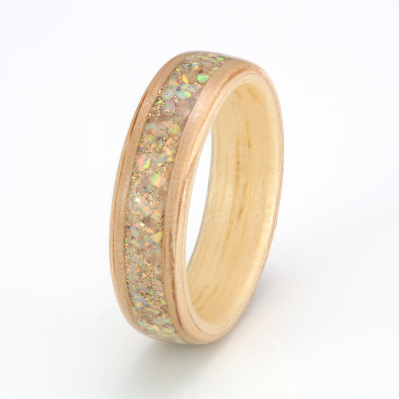 Oak with Ash, Opal, Moonstone & Gold Shavings by Eco Wood Rings