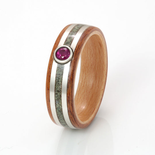 Rosewood with Beech, Silver, Aquamarine, Volcanic Stone & Ruby