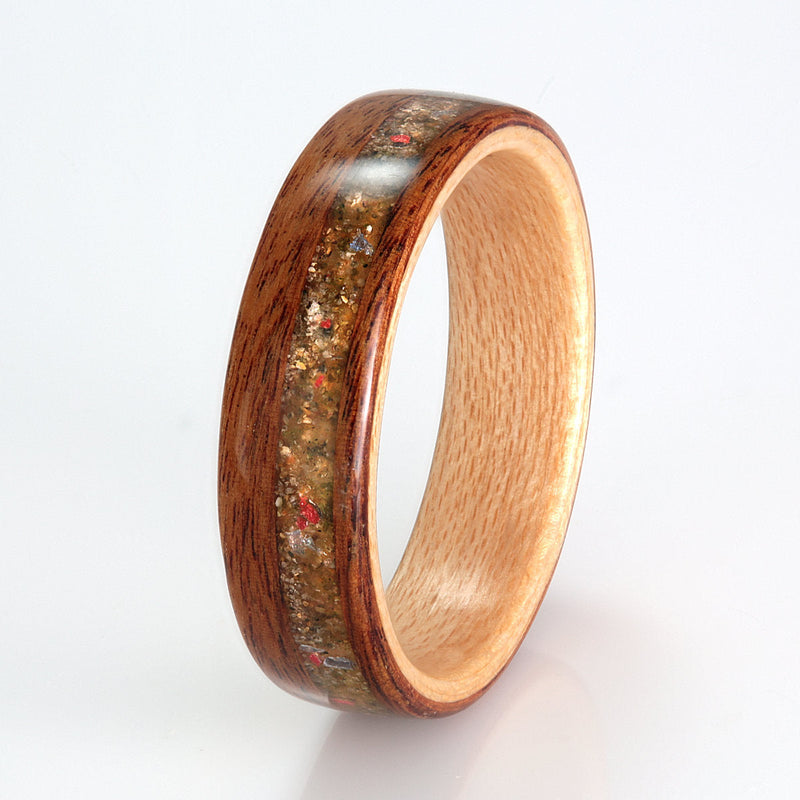 Rosewood with Maple, Sand, Moss & Red Glass by Eco Wood Rings