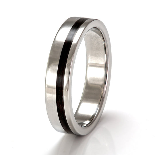 Steel Ring 5mm Flat with Off-Centre Wood Inlay