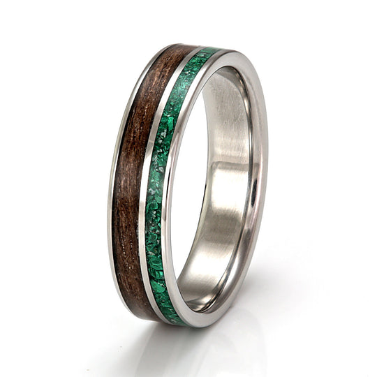 Steel Ring 5mm Flat Light with Wood Inlay & Malachite