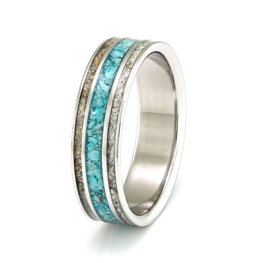 Steel Ring 6mm Flat Light with Turquoise & Sand