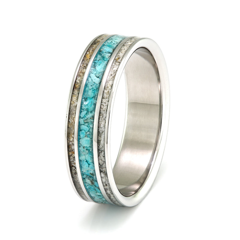 Steel Ring 6mm Flat Light with Turquoise & Sand by Eco Wood Rings