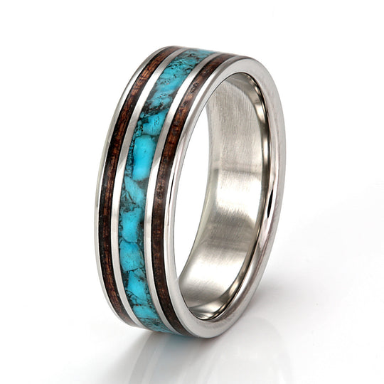 Steel Ring 6mm Flat Light with Wood Inlay & Turquoise