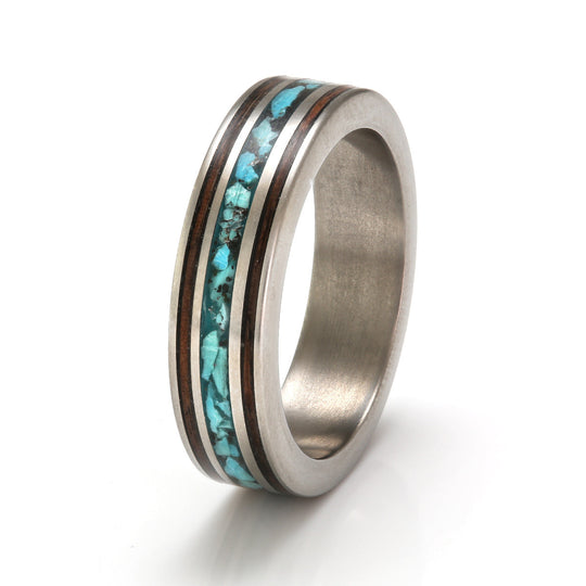 Titanium Ring 5mm Flat with Wood Inlay, Turquoise & Sand