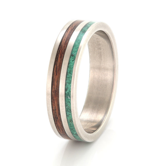 Titanium Ring 5mm Flat Light with Wood Inlay & Malachite